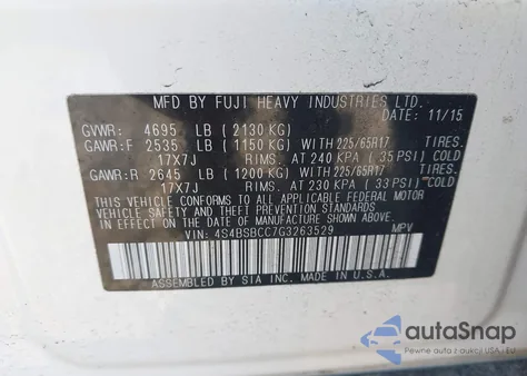 2016 Subaru Outback 2.5I Premium from USA, damaged, VIN 4S4BSBCC7G3263529